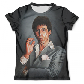 full_print_tee с принтом Tony Montana - Scarface в Казани, Футболка с нанесением полноцветного изображения по всей поверхности может быть выполнена в двух вариантах - ХЛОПОК и СИНТЕТИКА. | Хлопок - ткань из 100% хлопка высшего качества пенье.  <br>Синтетика - ткань с высоким содержанием синтетического волокна (до 80%).  Материал хорошо тянется, имеет приятную на ощупь фактуру | 