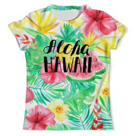 full_print_tee с принтом Aloha Hawaii в Казани, Футболка с нанесением полноцветного изображения по всей поверхности может быть выполнена в двух вариантах - ХЛОПОК и СИНТЕТИКА. | Хлопок - ткань из 100% хлопка высшего качества пенье.  <br>Синтетика - ткань с высоким содержанием синтетического волокна (до 80%).  Материал хорошо тянется, имеет приятную на ощупь фактуру | 