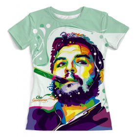 full_print_woman_tee с принтом Ernesto Che Guevara в Казани, Футболка с нанесением полноцветного изображения по всей поверхности может быть выполнена в двух вариантах - ХЛОПОК и СИНТЕТИКА. | Хлопок - ткань из 100% хлопка высшего качества пенье.  <br>Синтетика - ткань с высоким содержанием синтетического волокна (до 80%).  Материал хорошо тянется, имеет приятную на ощупь фактуру | 