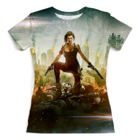 full_print_woman_tee с принтом Resident Evil в Казани, Футболка с нанесением полноцветного изображения по всей поверхности может быть выполнена в двух вариантах - ХЛОПОК и СИНТЕТИКА. | Хлопок - ткань из 100% хлопка высшего качества пенье.  <br>Синтетика - ткань с высоким содержанием синтетического волокна (до 80%).  Материал хорошо тянется, имеет приятную на ощупь фактуру | 